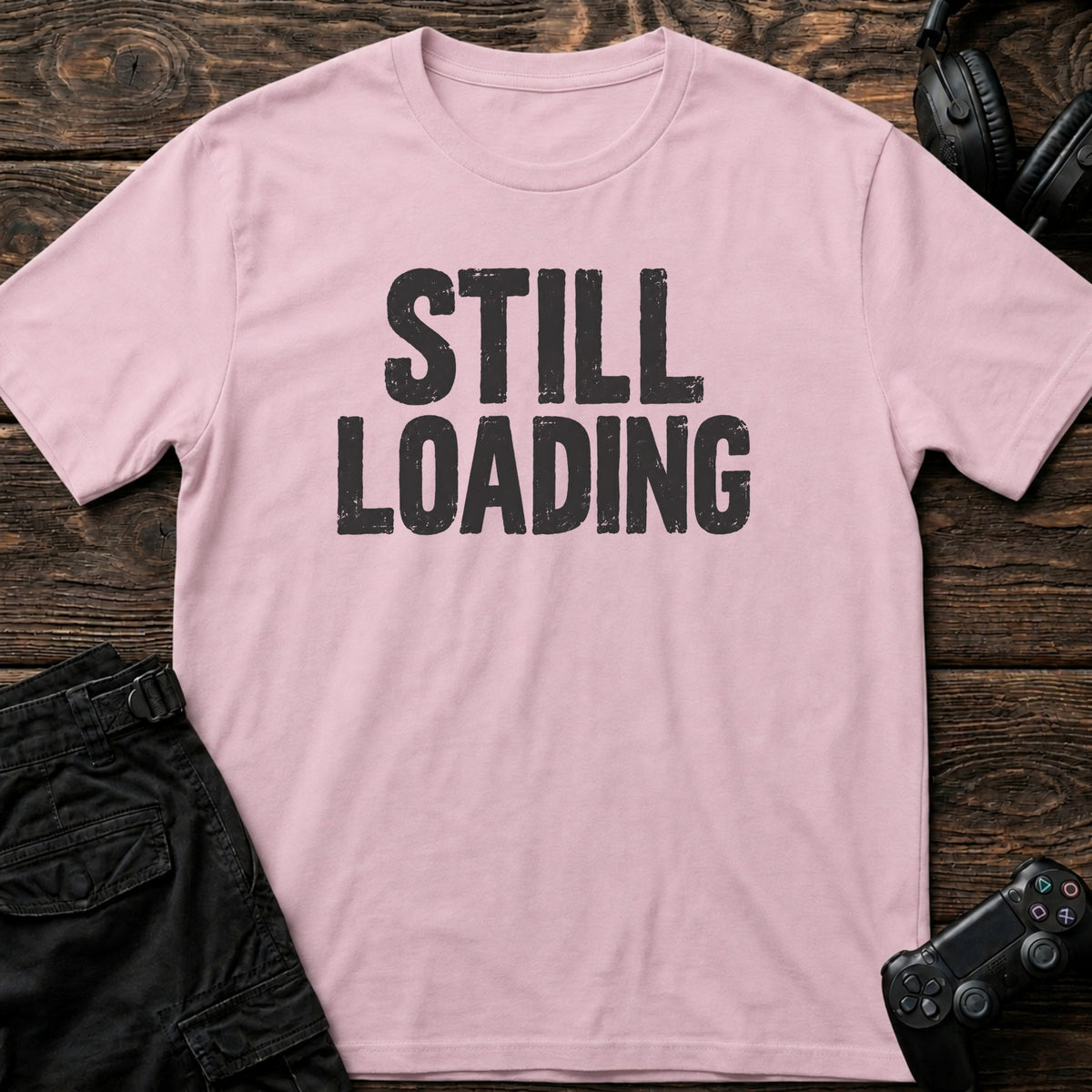 Light Pink gaming T-shirt. Still loading, in simple bold gamer typography.