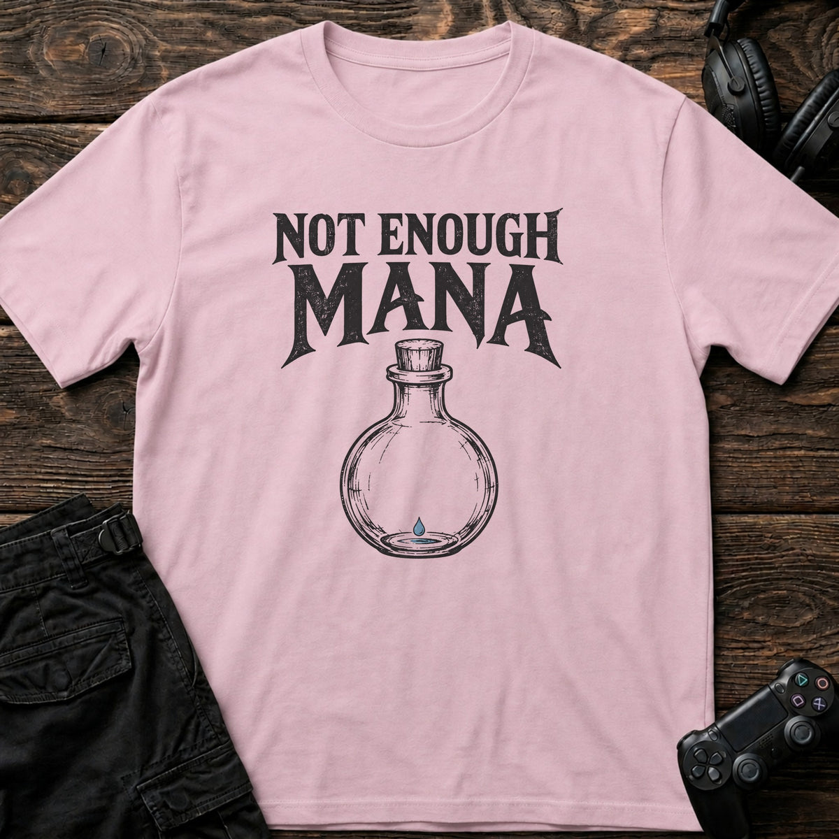 Light Pink gaming T-shirt. An almost-empty potion bottle admits not enough mana.