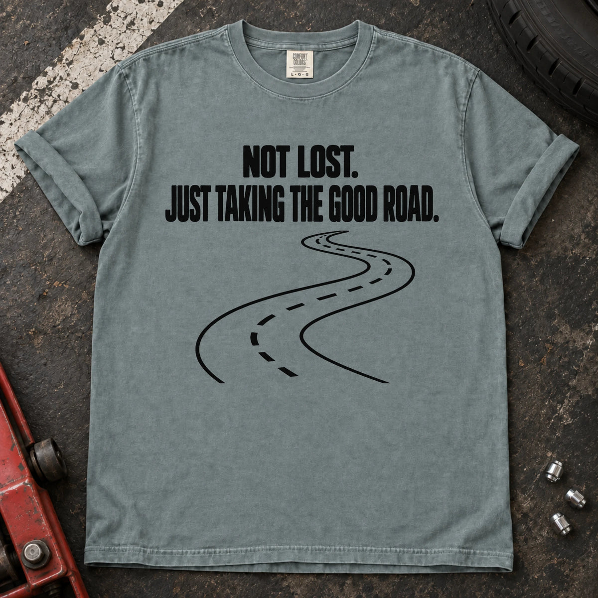Bay car enthusiast T-shirt. A winding road explains not lost, just taking the good road.