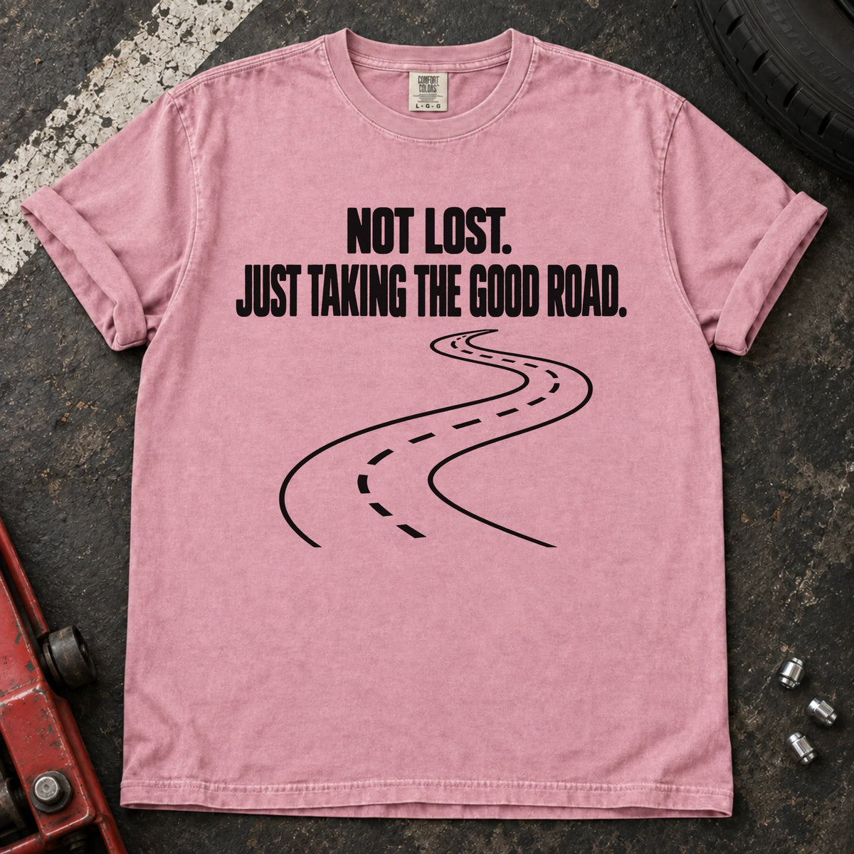Blossom car enthusiast T-shirt. A winding road explains not lost, just taking the good road.