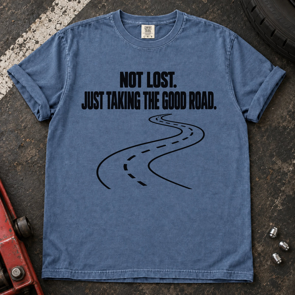 Blue Jean car enthusiast T-shirt. A winding road explains not lost, just taking the good road.