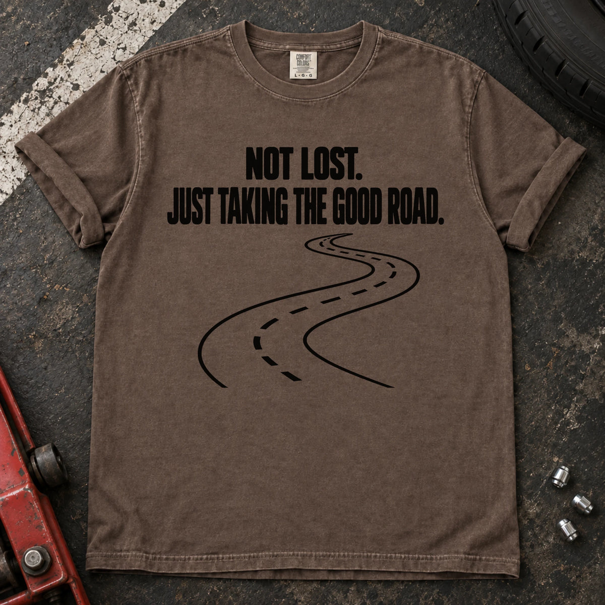 Espresso car enthusiast T-shirt. A winding road explains not lost, just taking the good road.
