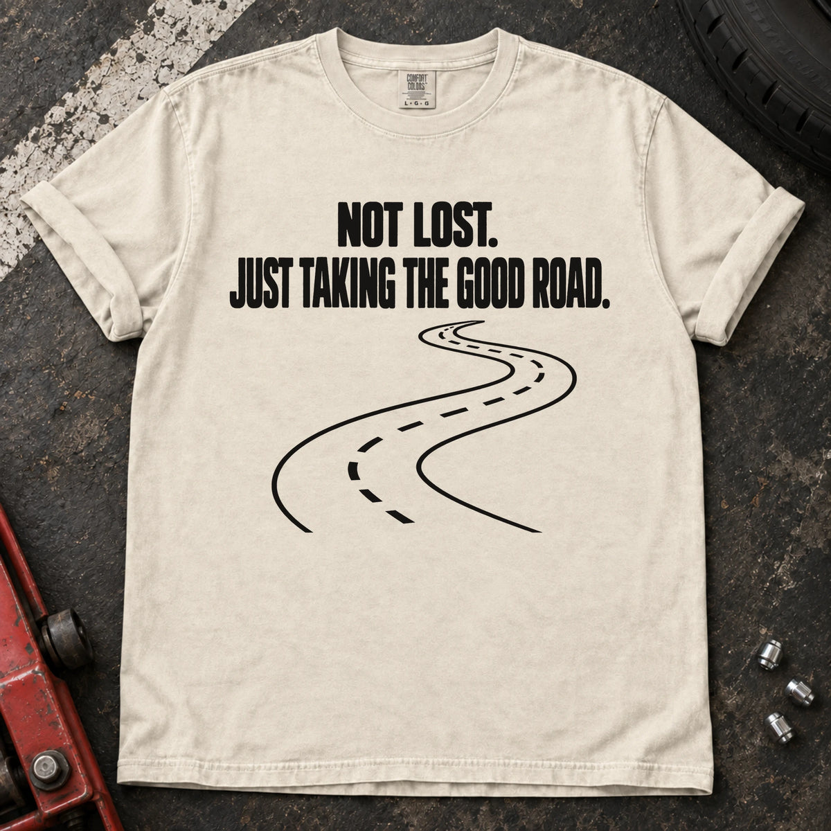 Ivory car enthusiast T-shirt. A winding road explains not lost, just taking the good road.