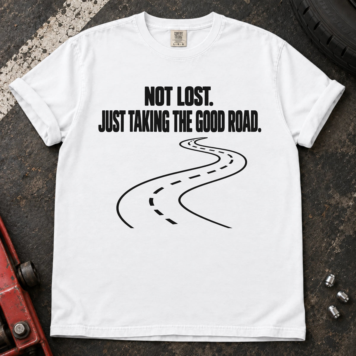 White car enthusiast T-shirt. A winding road explains not lost, just taking the good road.