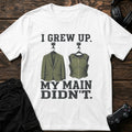 White gaming T-shirt. A suit and armor hang side by side: I grew up, my main didn't.