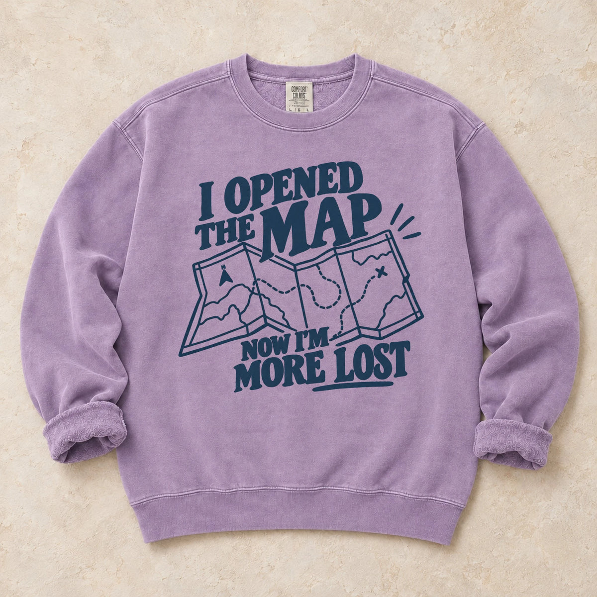 Orchid gaming sweatshirt. An unfolded map explains why opening the map made the player more lost.