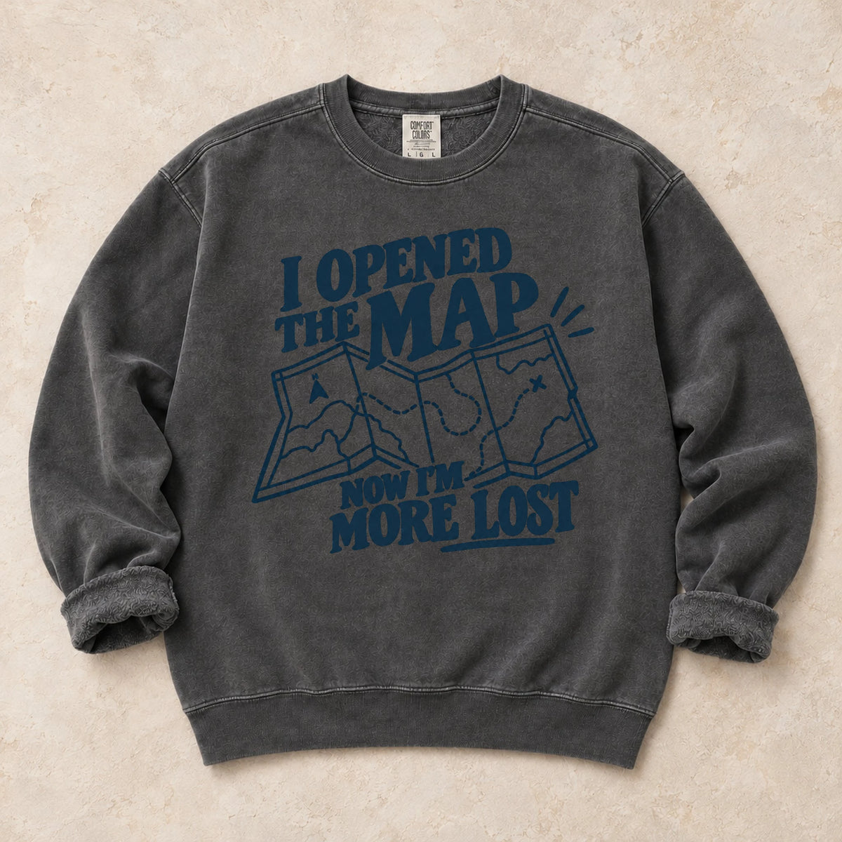 Pepper gaming sweatshirt. An unfolded map explains why opening the map made the player more lost.