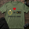 Military Green gaming T-shirt. A wedding ring, heart and controller prove married, still gaming.