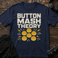 Navy gaming T-shirt. Four bright buttons illustrate the button-mash theory.