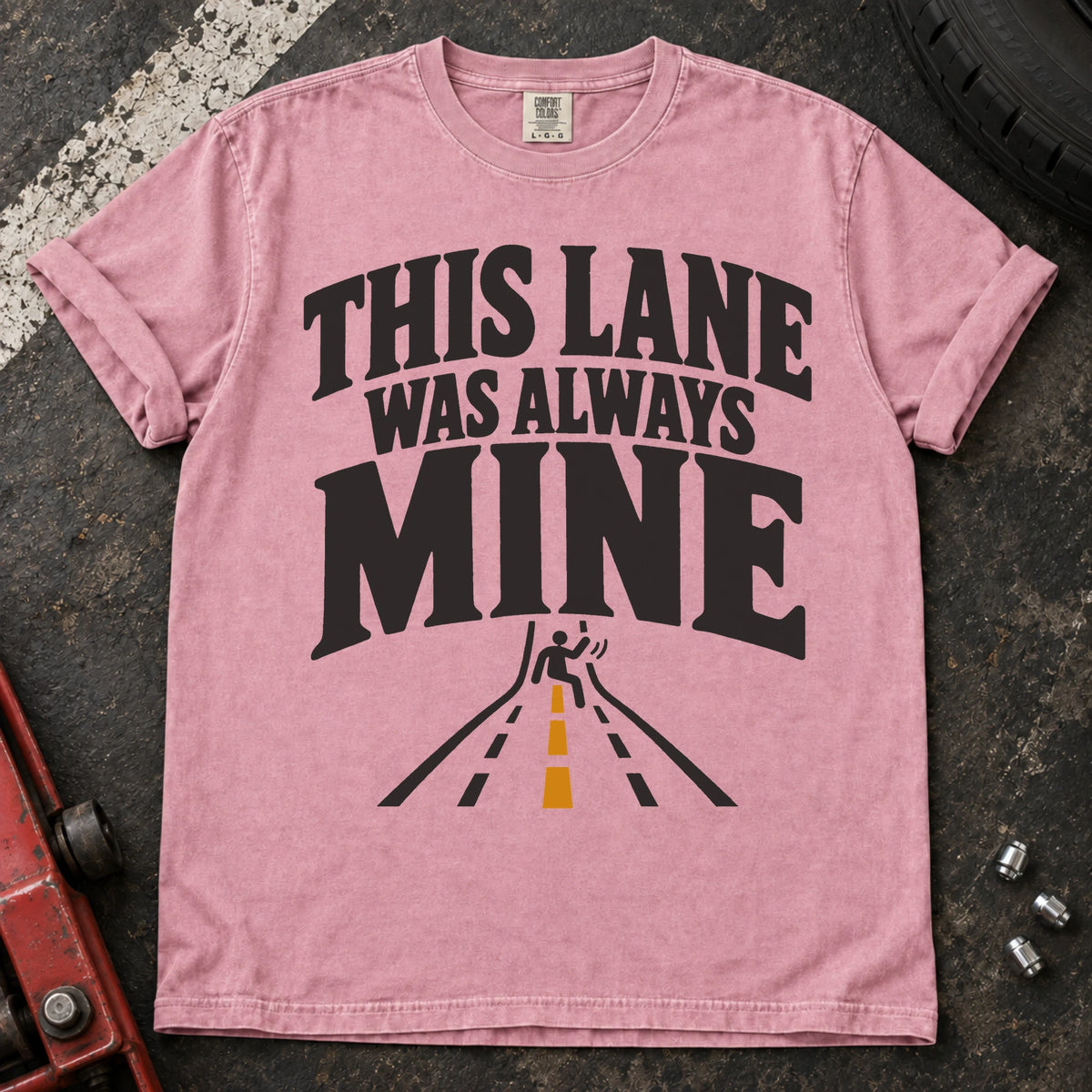 Blossom car enthusiast T-shirt. A merging road illustrates the claim, this lane was always mine.