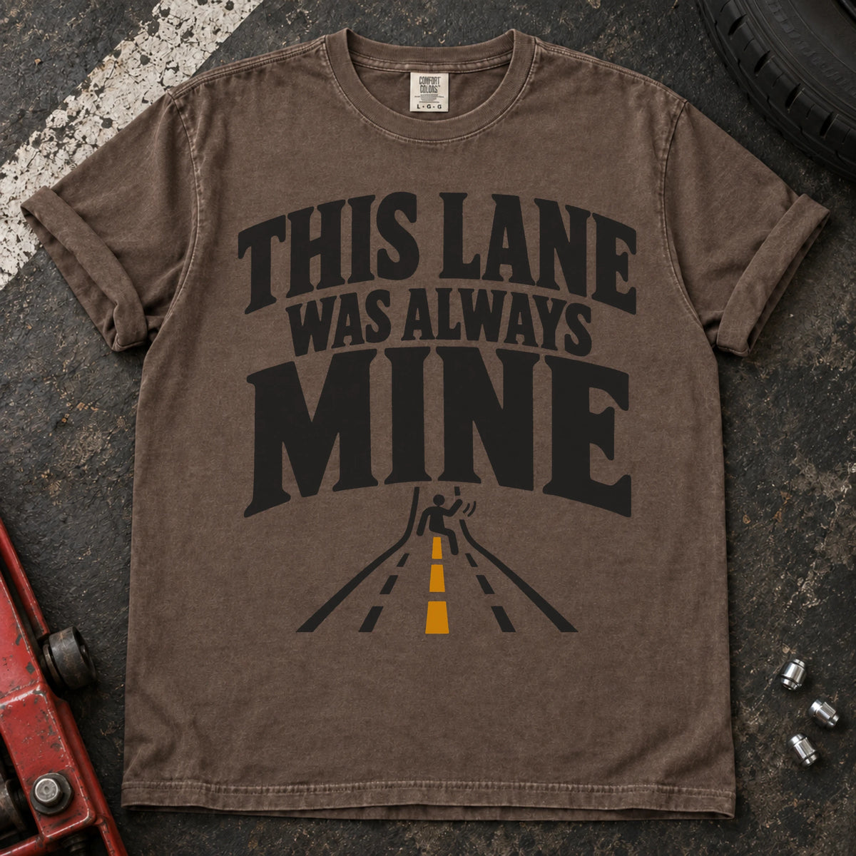 Espresso car enthusiast T-shirt. A merging road illustrates the claim, this lane was always mine.