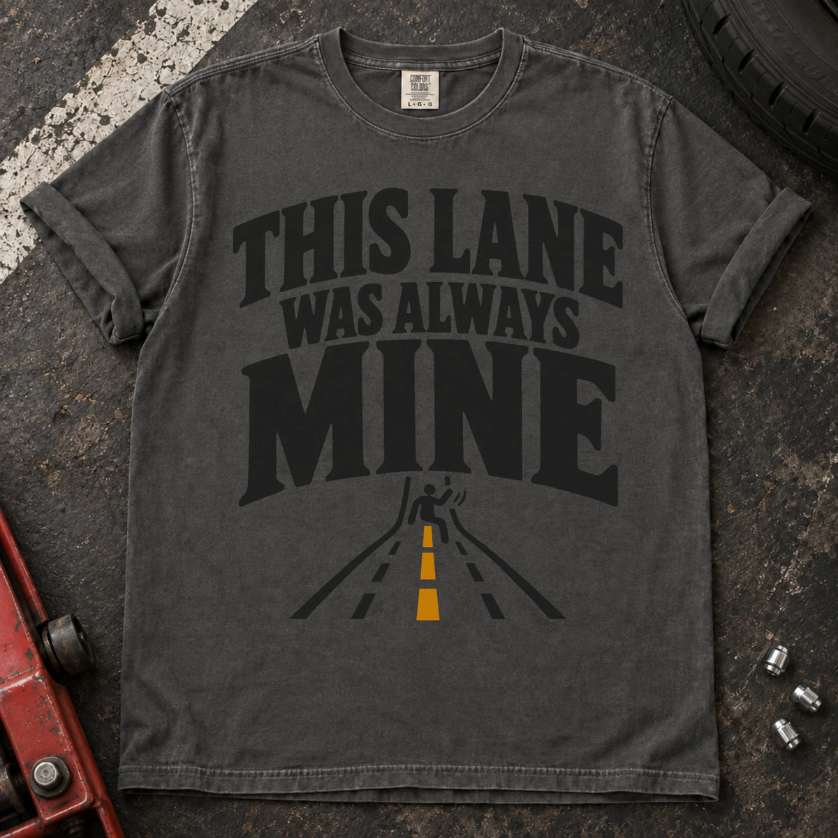 Pepper car enthusiast T-shirt. A merging road illustrates the claim, this lane was always mine.