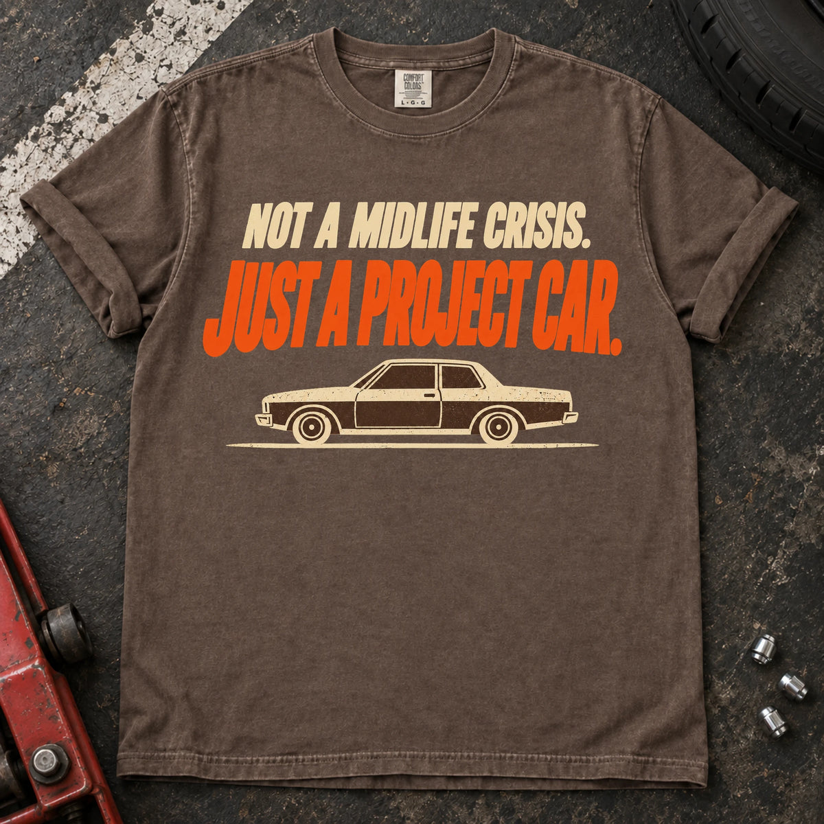 Espresso car enthusiast T-shirt. An older sedan explains not a midlife crisis, just a project car.