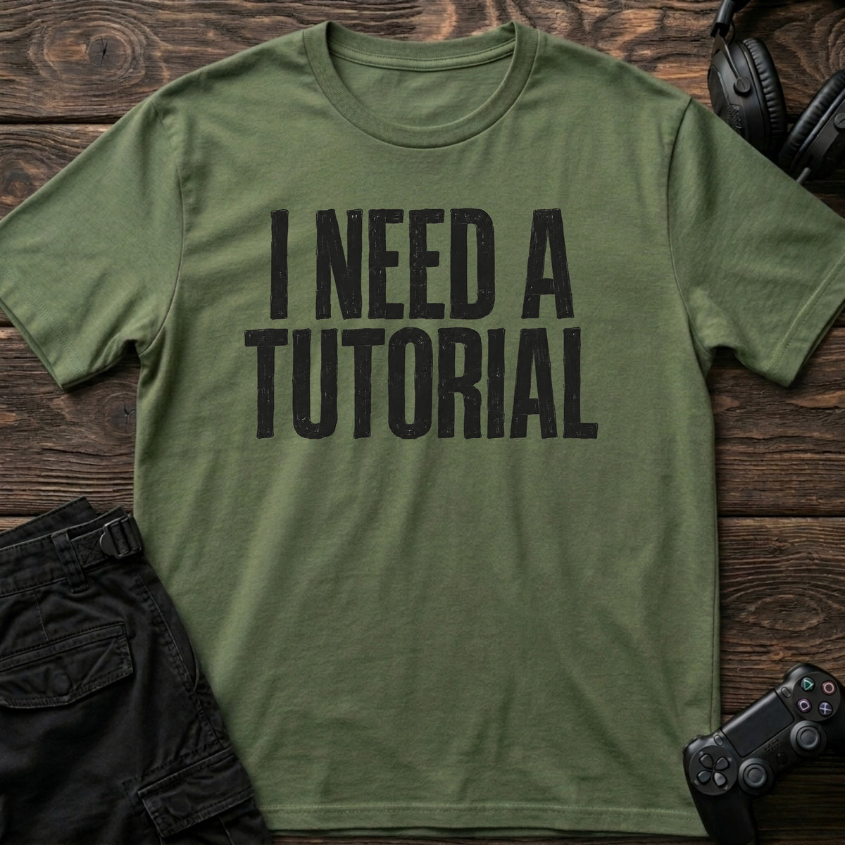 Military Green gaming T-shirt. I need a tutorial: straightforward lettering for an honest gamer confession.