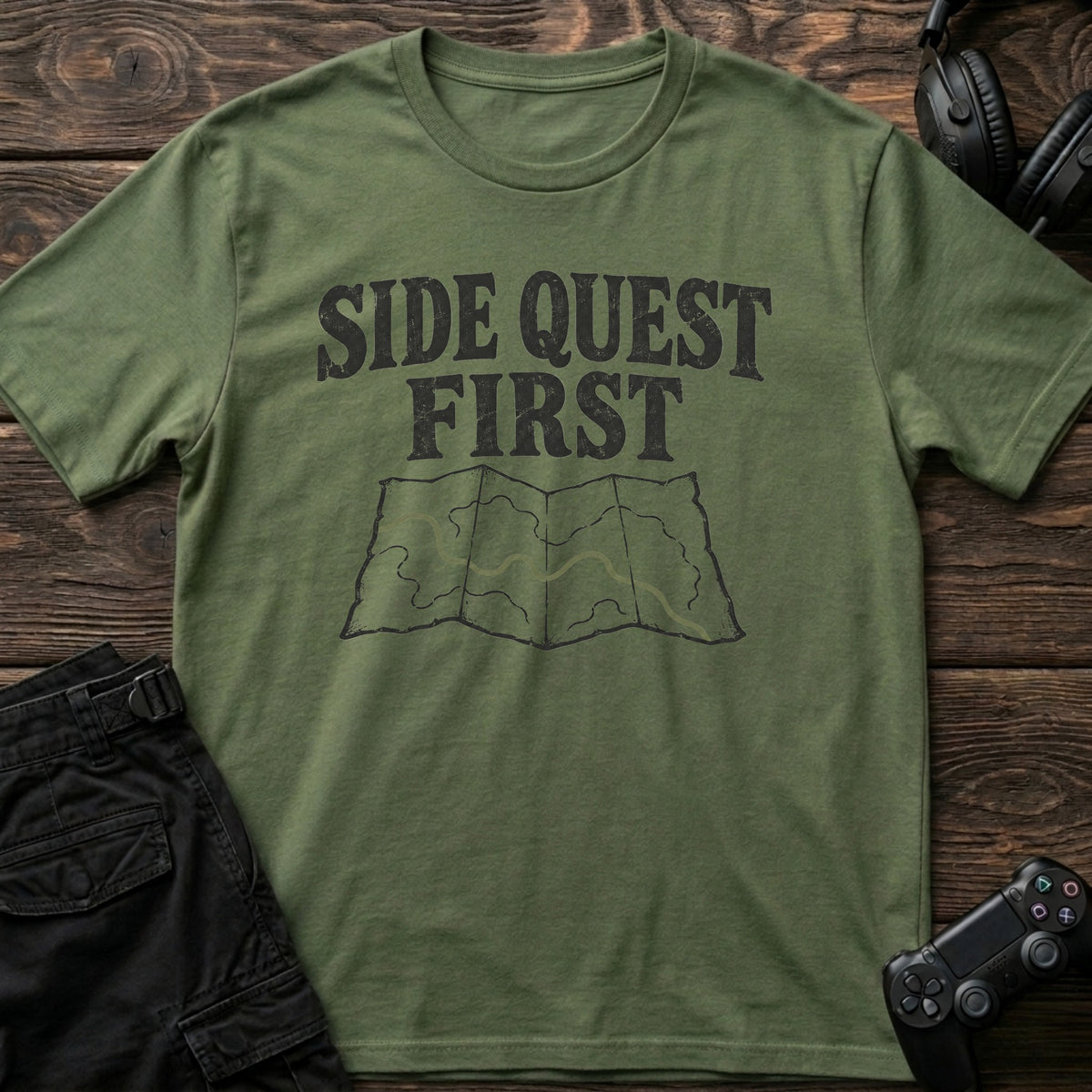 Military Green gaming T-shirt. A marked map gives the side quest priority over everything else.