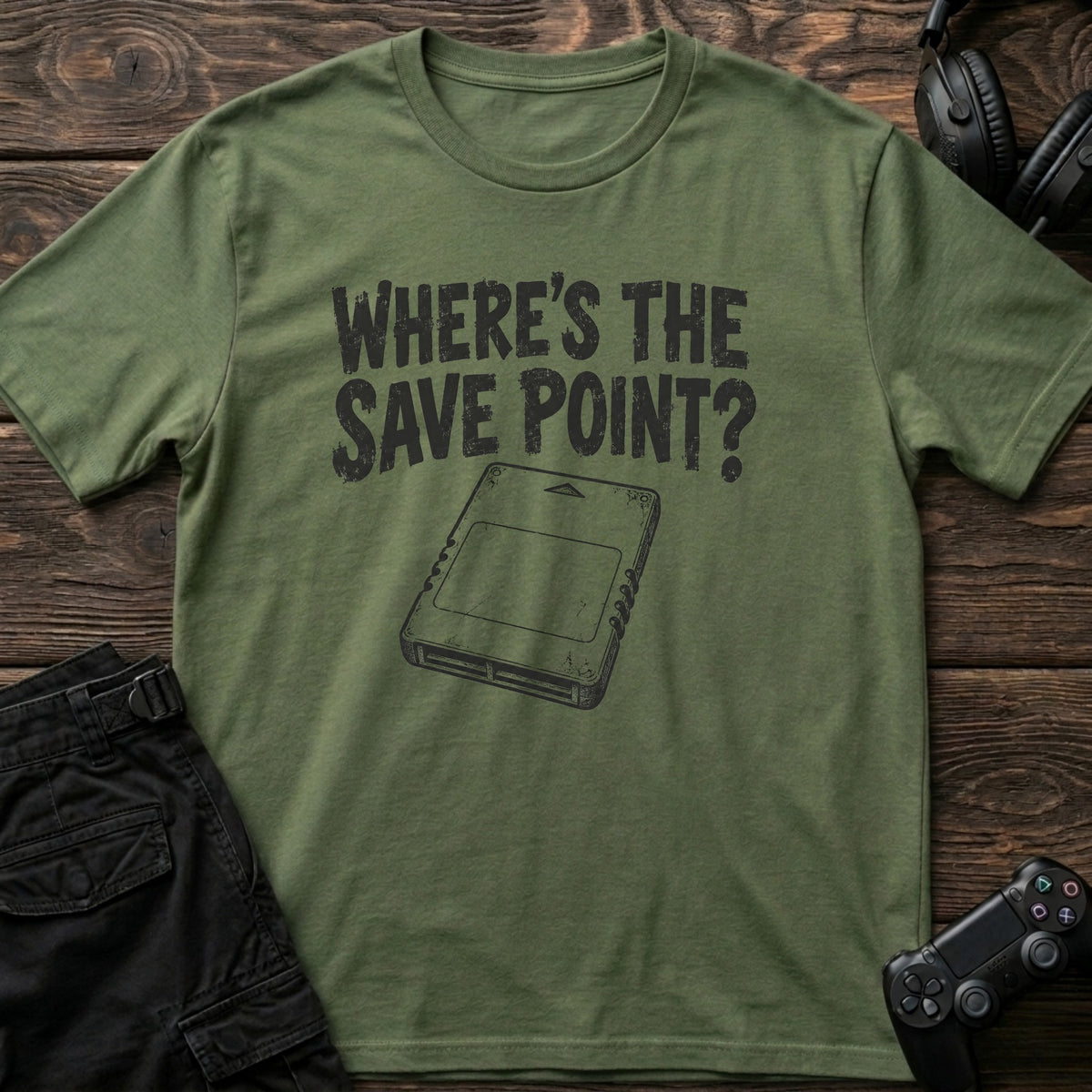 Military Green gaming T-shirt. A vintage cartridge asks where's the save point?