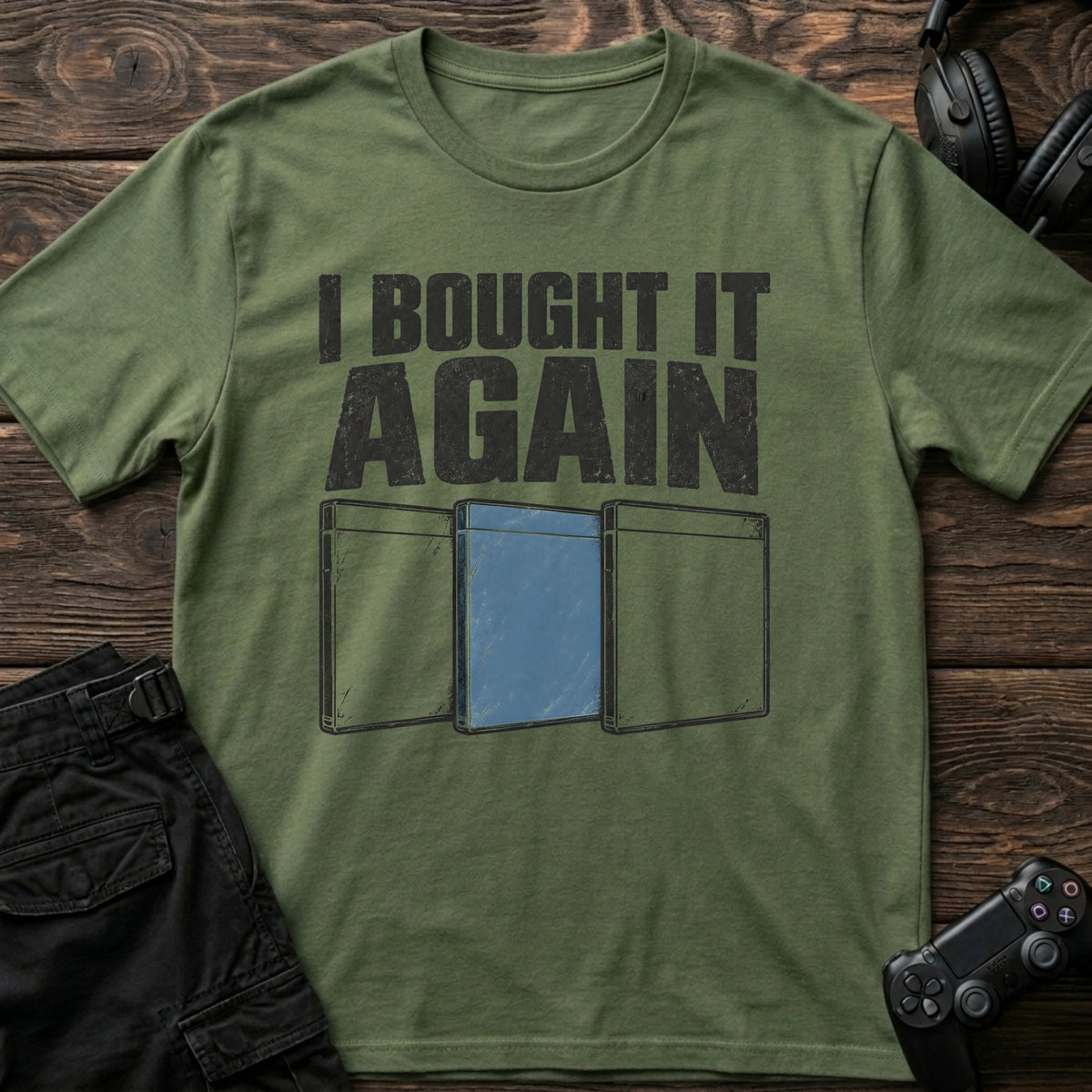Military Green gaming T-shirt. Three game cases admit buying it again.
