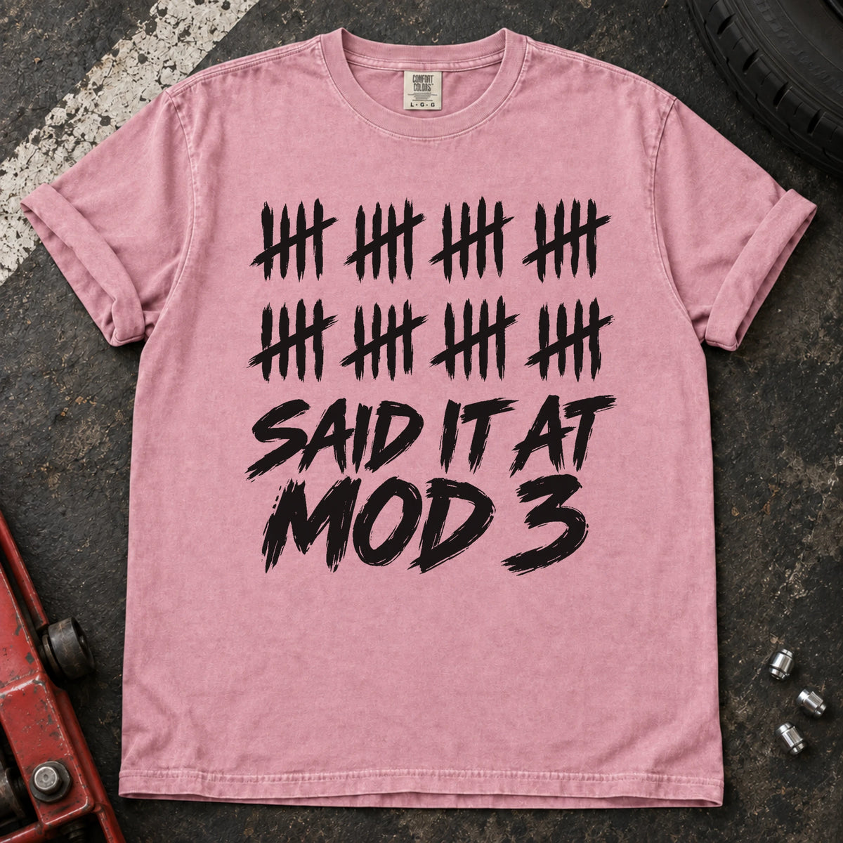 Blossom car enthusiast T-shirt. A long row of tally marks proves done-modifying was said at mod three.
