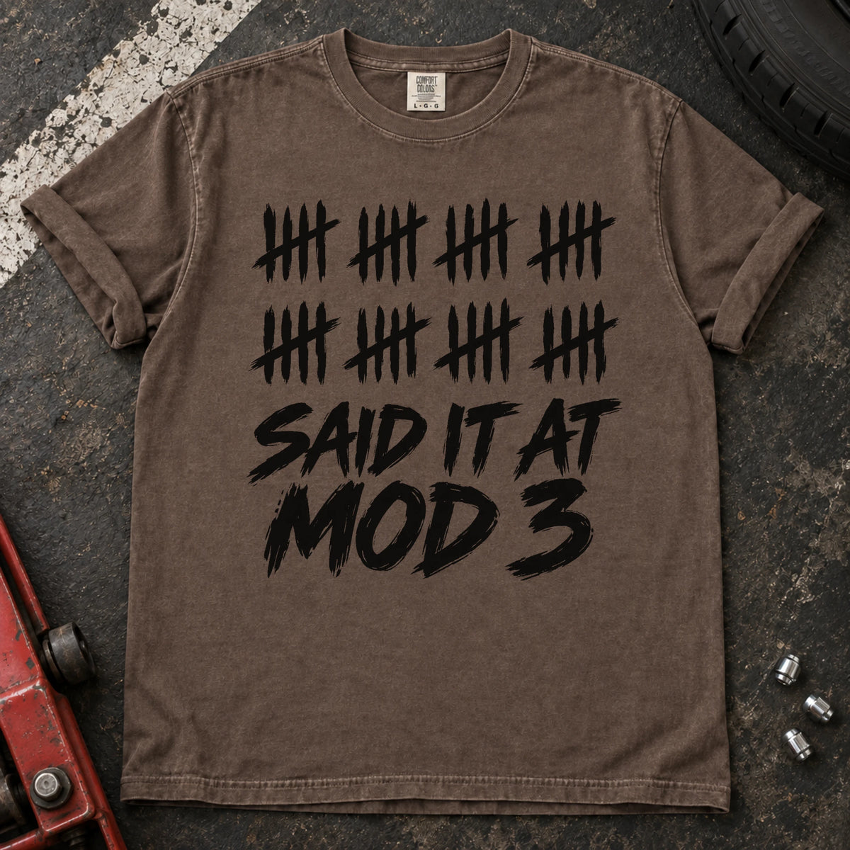 Espresso car enthusiast T-shirt. A long row of tally marks proves done-modifying was said at mod three.