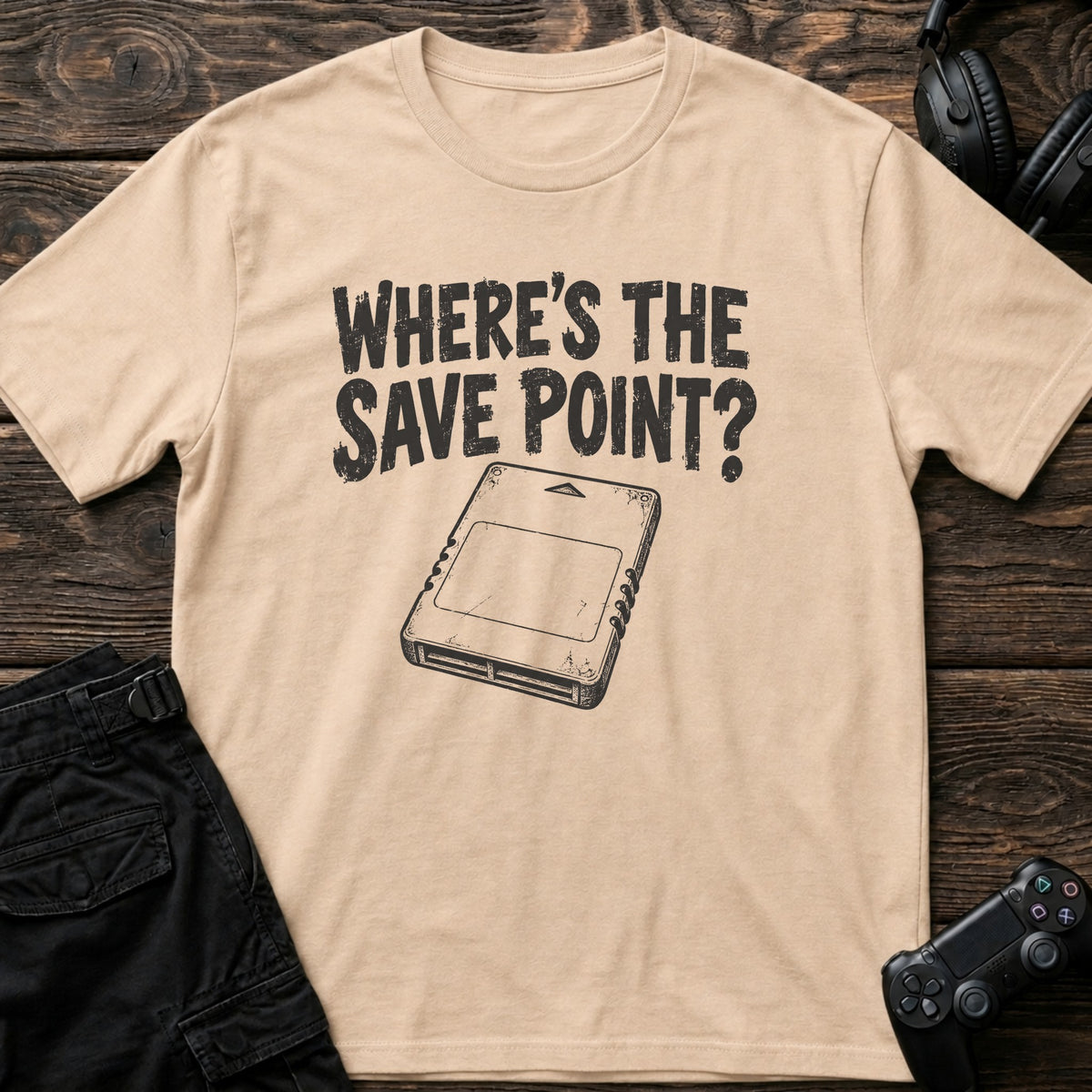 Natural gaming T-shirt. A vintage cartridge asks where's the save point?