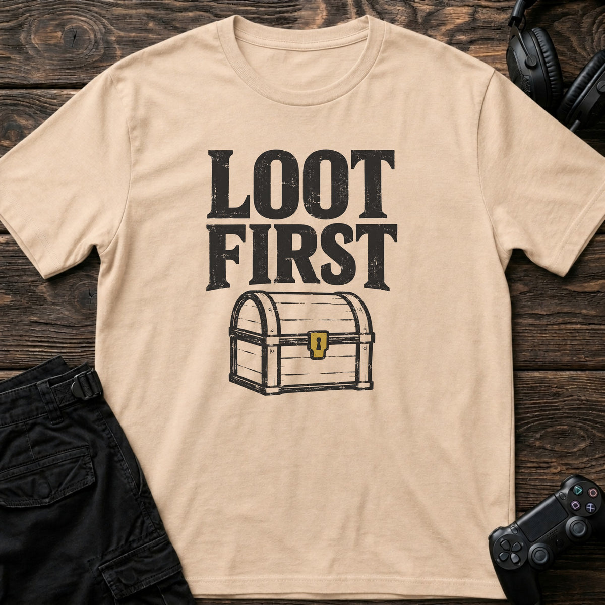 Natural gaming T-shirt. A treasure chest establishes the explorer's rule: loot first.