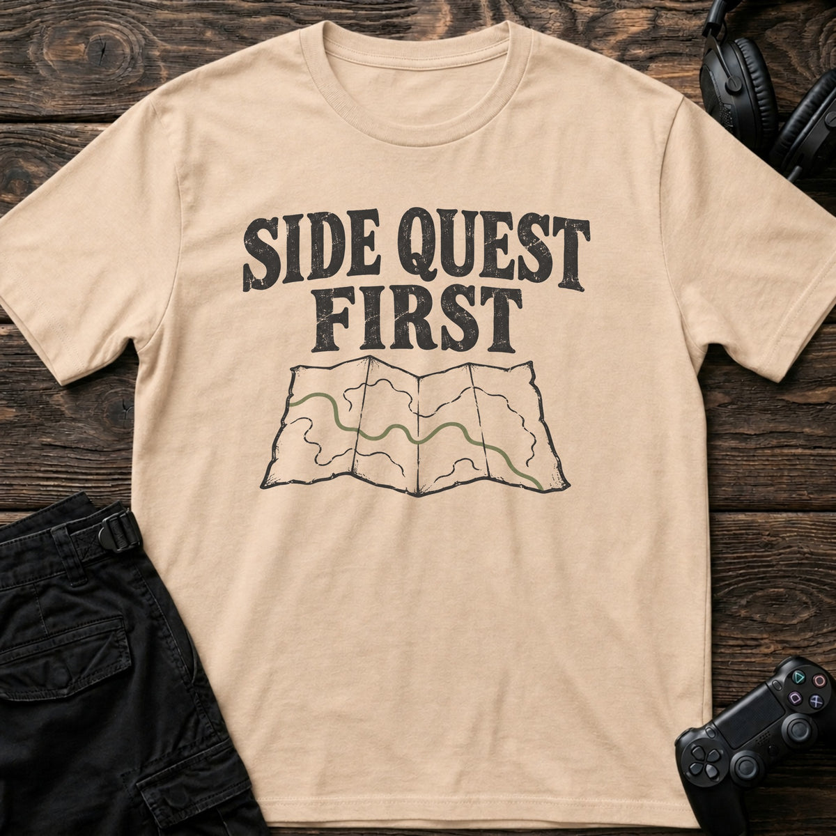 Natural gaming T-shirt. A marked map gives the side quest priority over everything else.