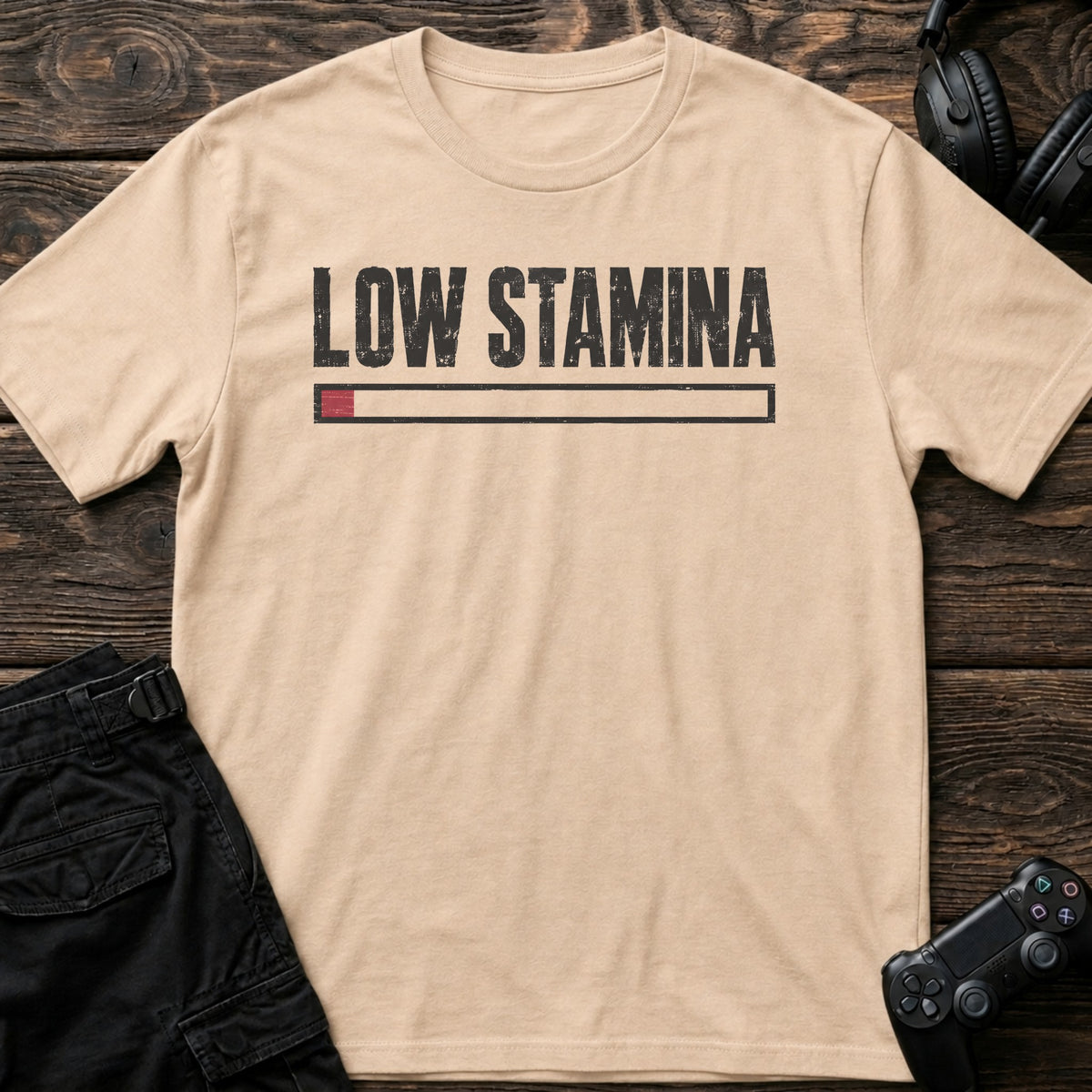 Natural gaming T-shirt. A nearly empty stamina bar captures the tired-player mood.