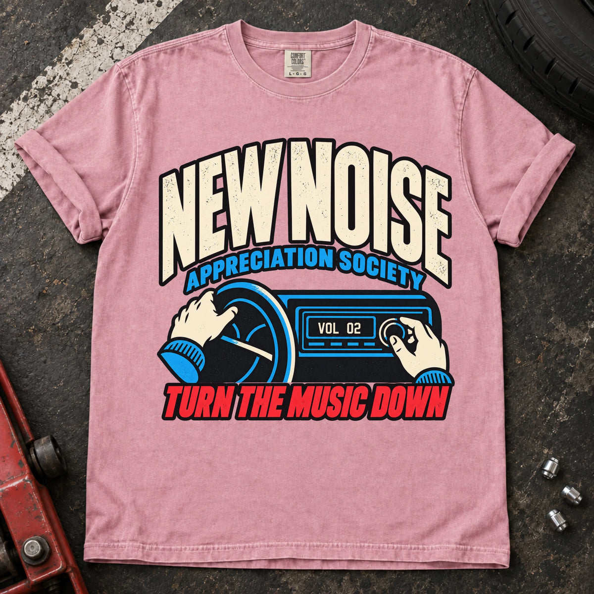 Blossom car enthusiast T-shirt. Hands lower the stereo for the New Noise Appreciation Society.