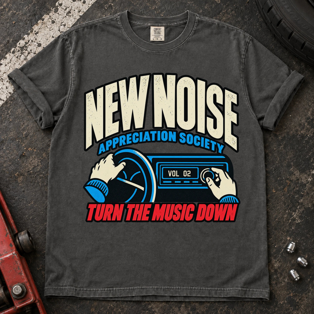 Pepper car enthusiast T-shirt. Hands lower the stereo for the New Noise Appreciation Society.