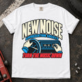 White car enthusiast T-shirt. Hands lower the stereo for the New Noise Appreciation Society.