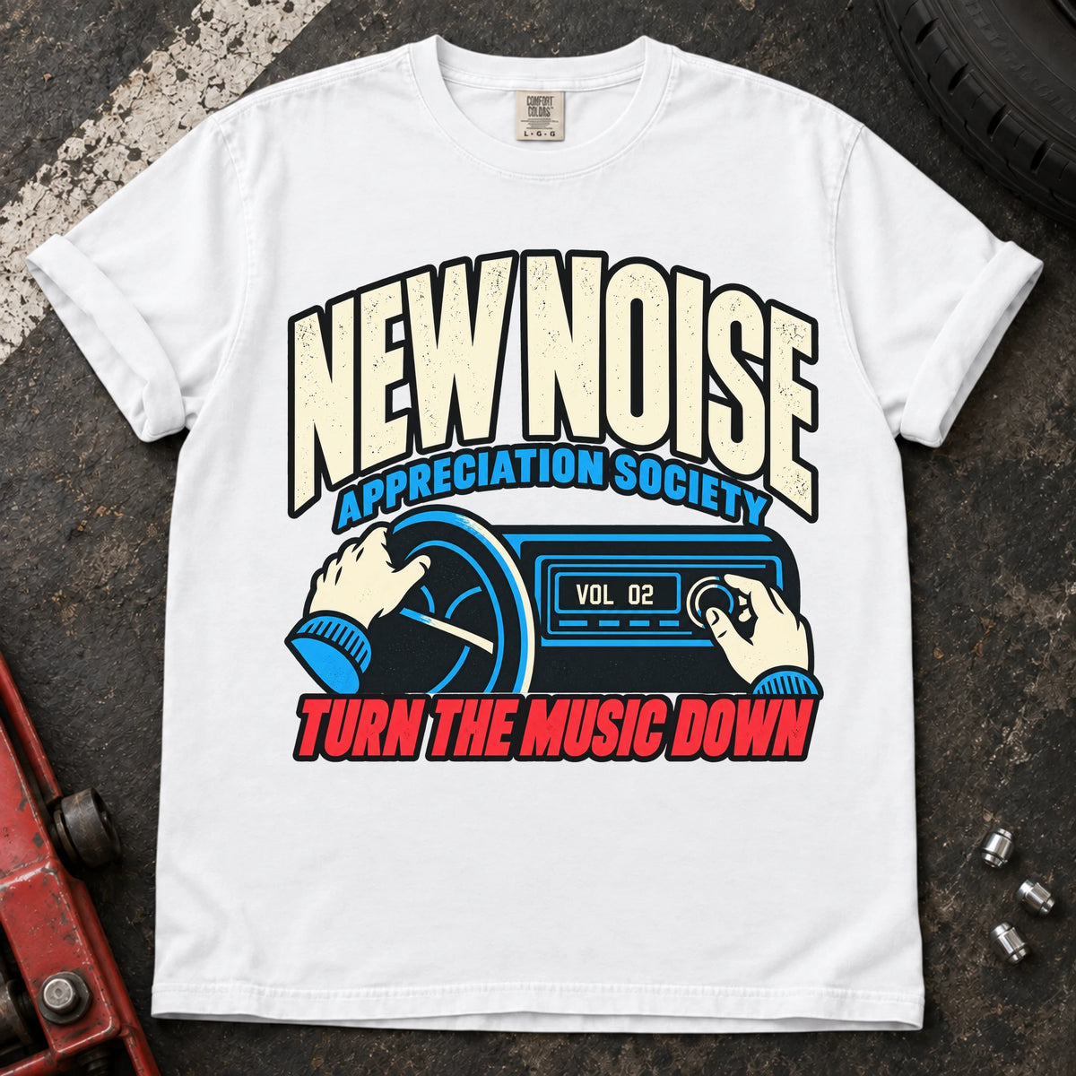 White car enthusiast T-shirt. Hands lower the stereo for the New Noise Appreciation Society.