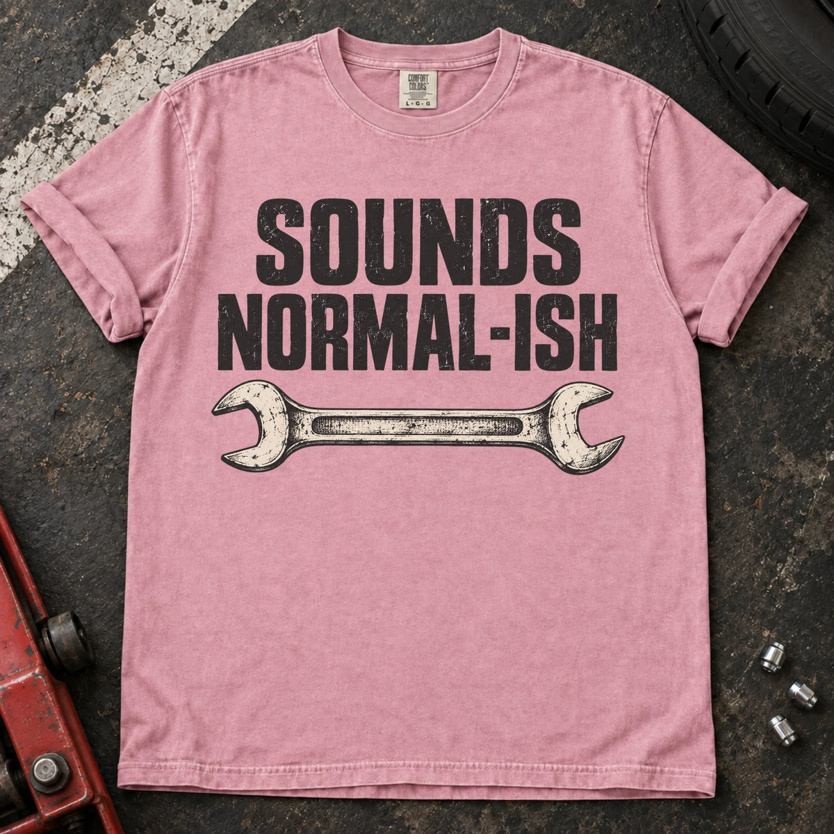 Blossom car enthusiast T-shirt. A worn wrench gives sounds normal-ish a mechanic's cautious reassurance.