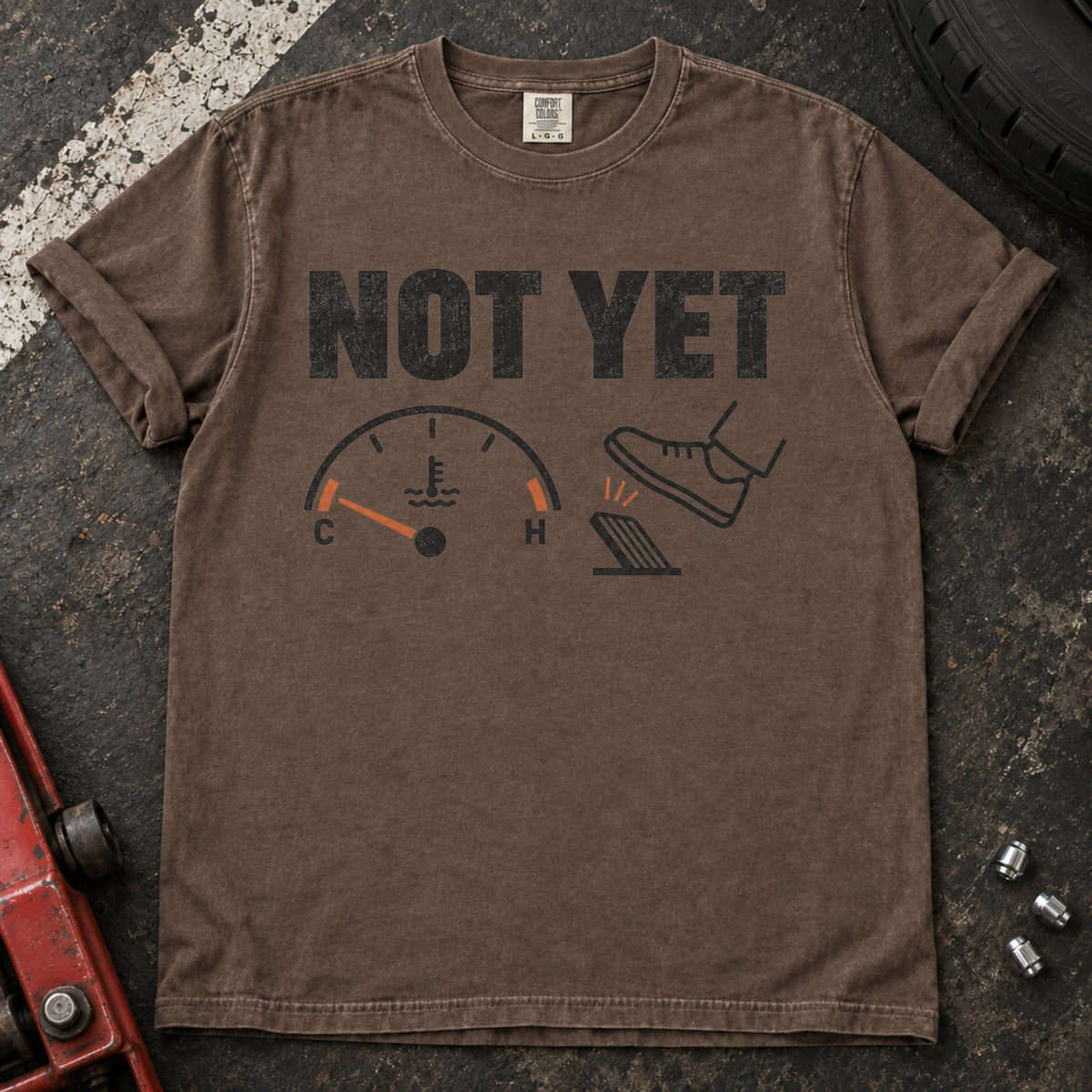 Espresso car enthusiast T-shirt. A temperature gauge tells the impatient right foot, not yet.