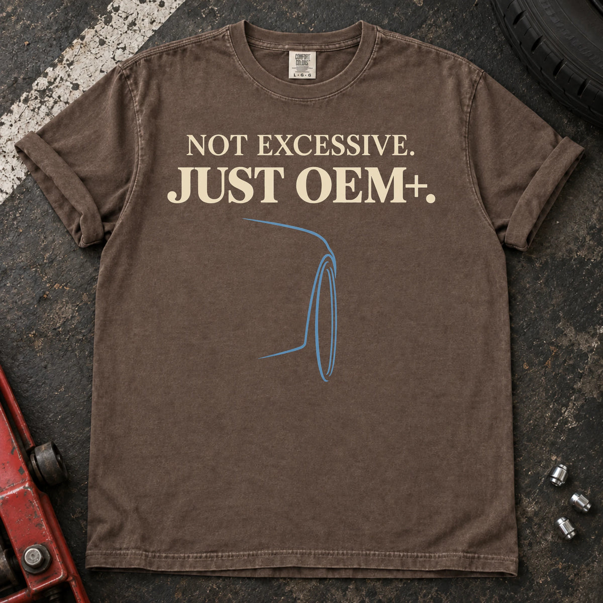 Espresso car enthusiast T-shirt. A wheel outline backs not excessive, just OEM+.