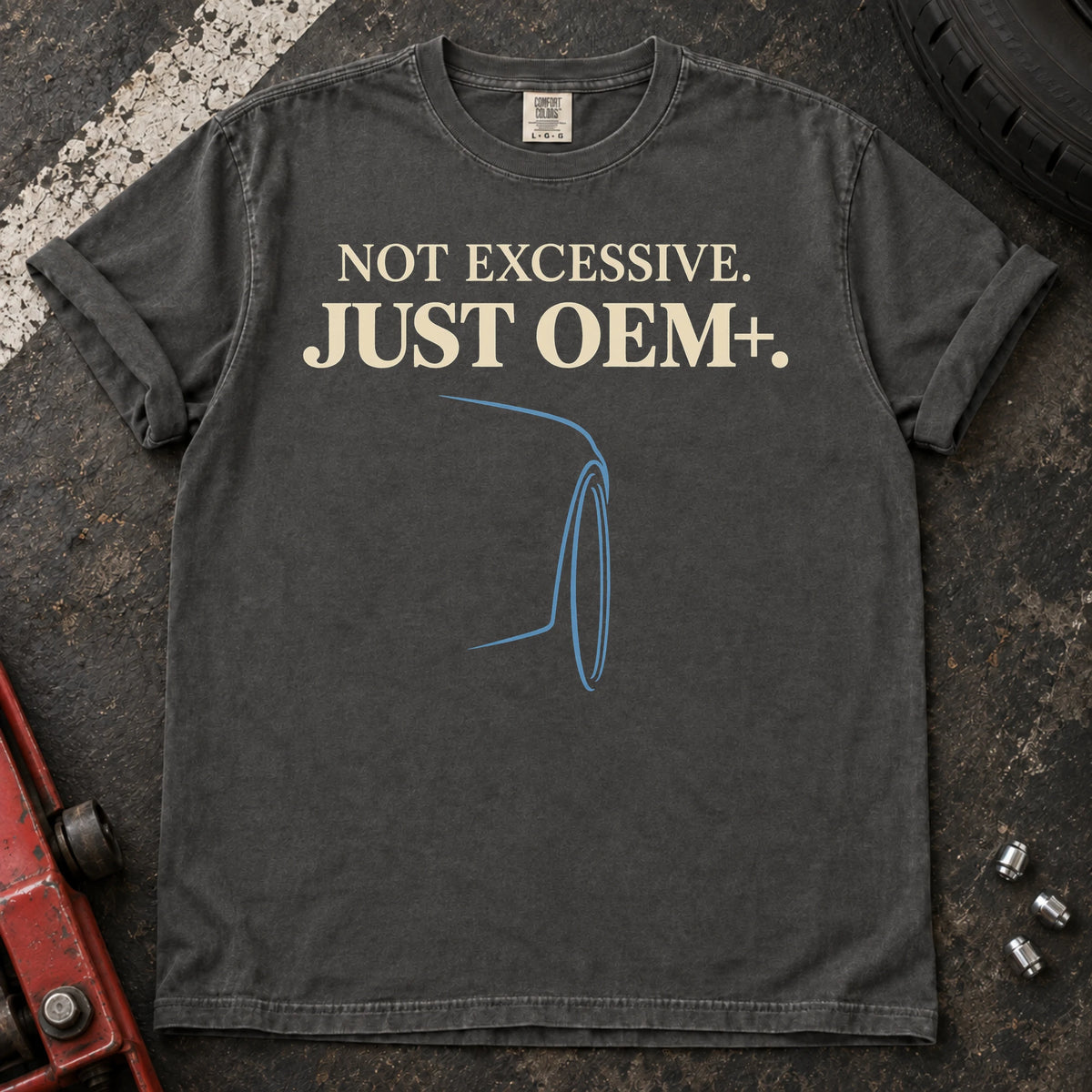 Pepper car enthusiast T-shirt. A wheel outline backs not excessive, just OEM+.