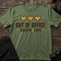 Military Green gaming T-shirt. Three pixel hearts announce out of office, back in three lives.