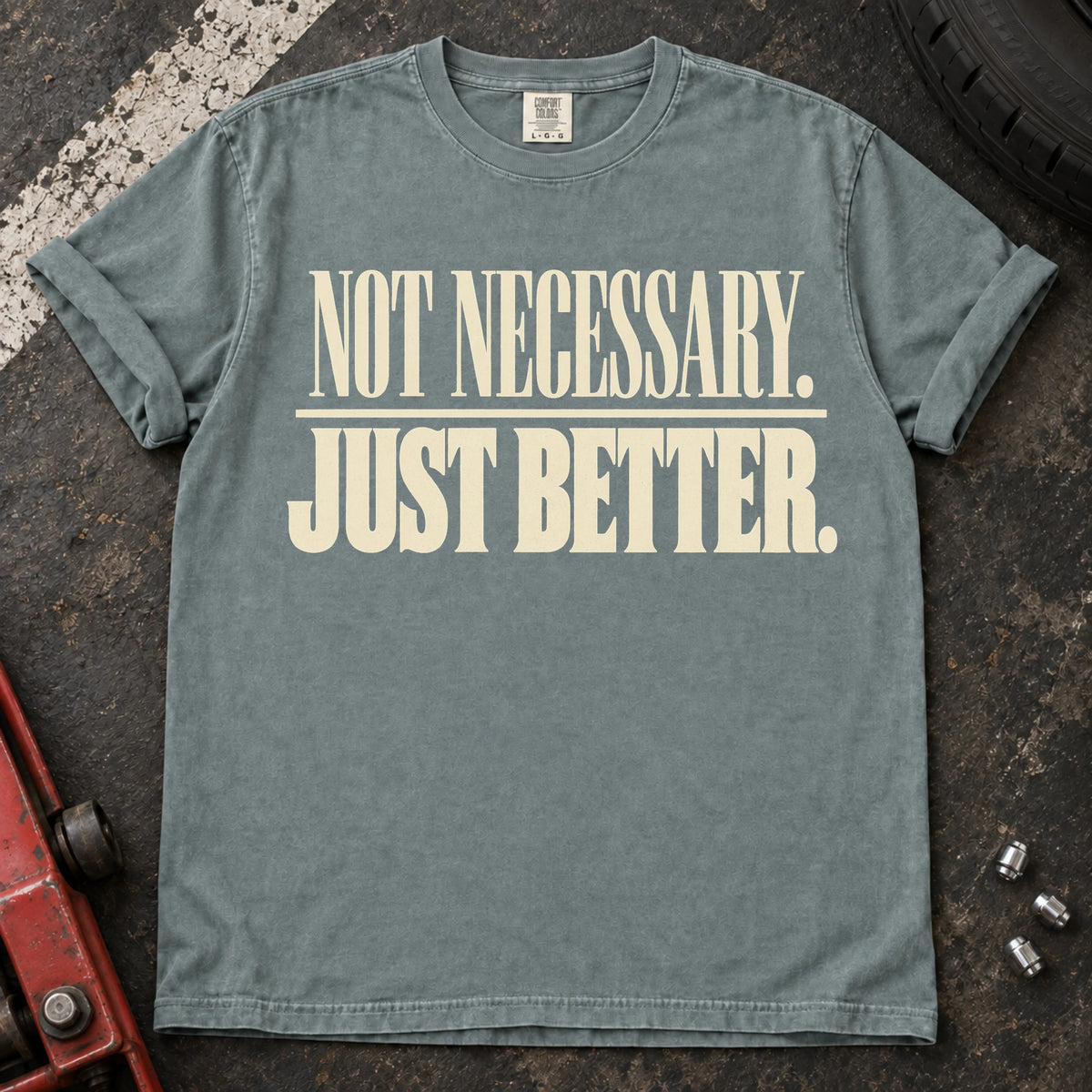 Bay car enthusiast T-shirt. Not necessary, just better: restrained typography for the modification enthusiast.