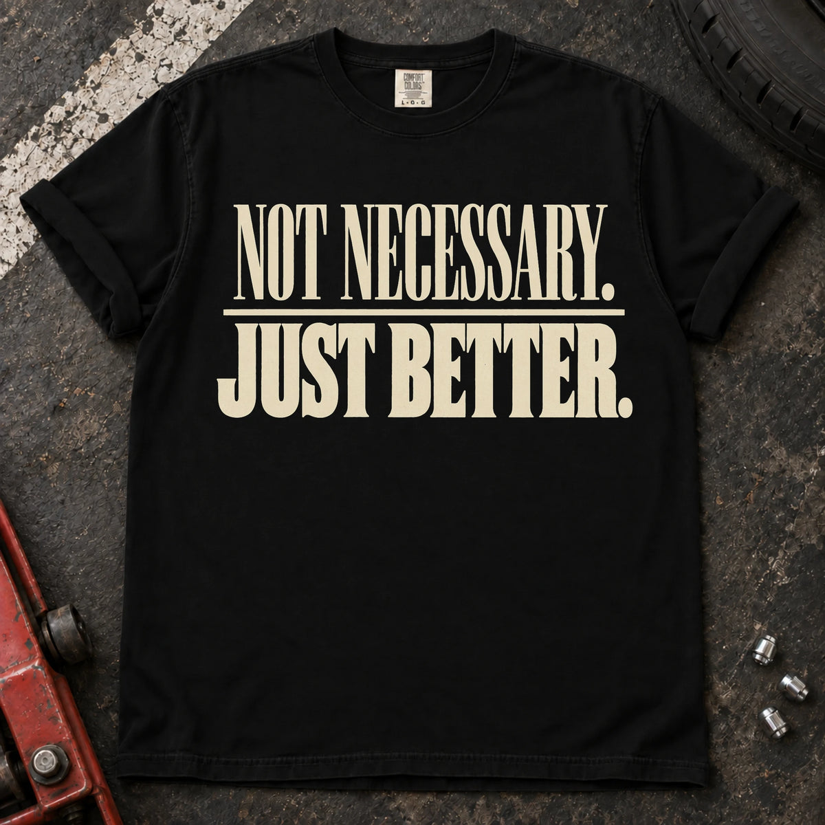 Black car enthusiast T-shirt. Not necessary, just better: restrained typography for the modification enthusiast.