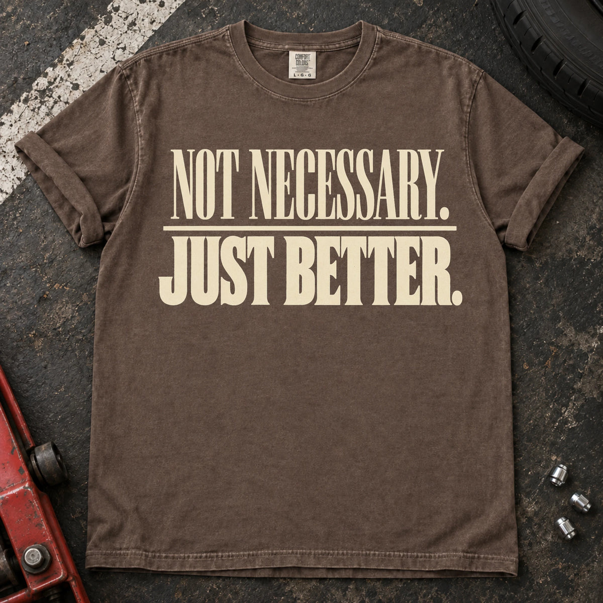 Espresso car enthusiast T-shirt. Not necessary, just better: restrained typography for the modification enthusiast.