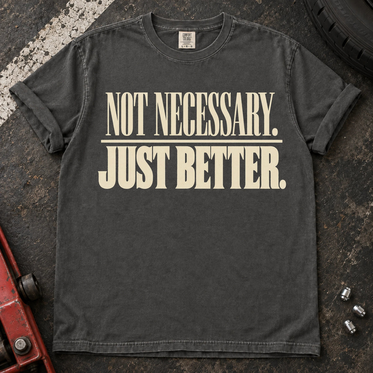 Pepper car enthusiast T-shirt. Not necessary, just better: restrained typography for the modification enthusiast.