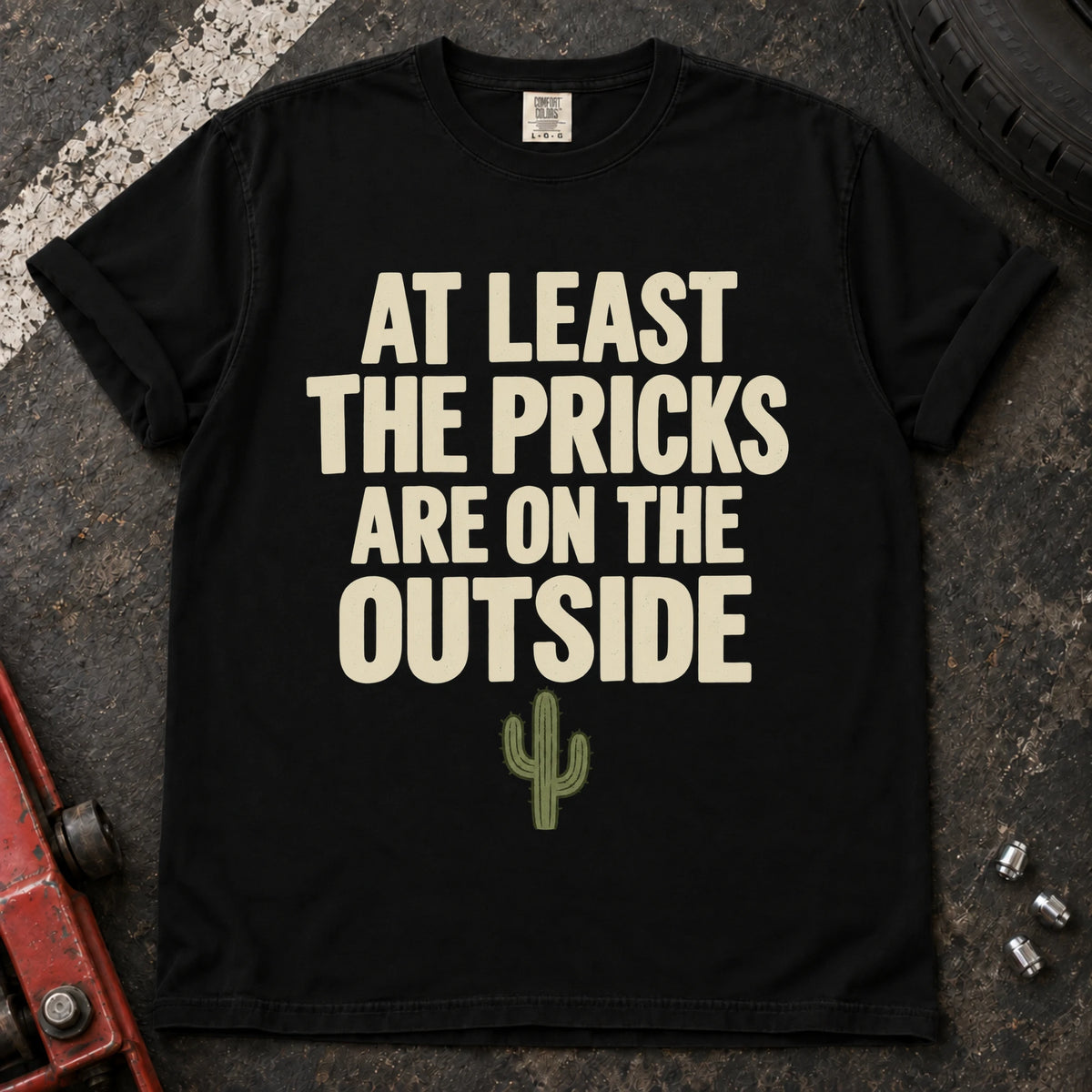 Black car enthusiast T-shirt. A small cactus gives at least the pricks are on the outside its punchline.