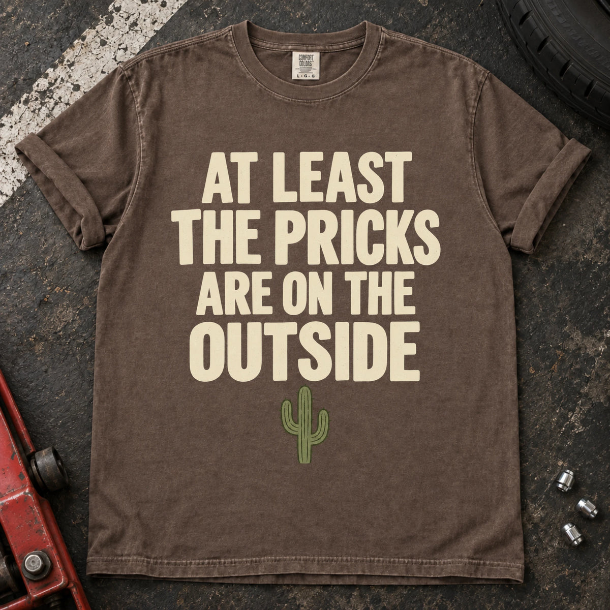 Espresso car enthusiast T-shirt. A small cactus gives at least the pricks are on the outside its punchline.