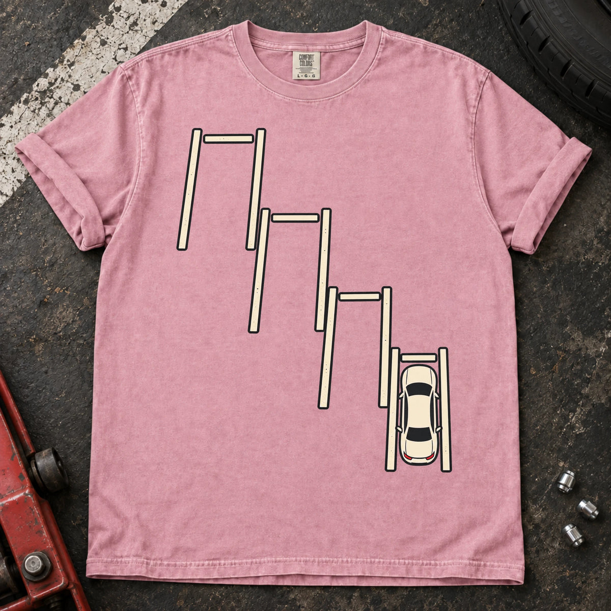 Blossom car enthusiast T-shirt. A top-down car sits precisely among staggered parking bays.