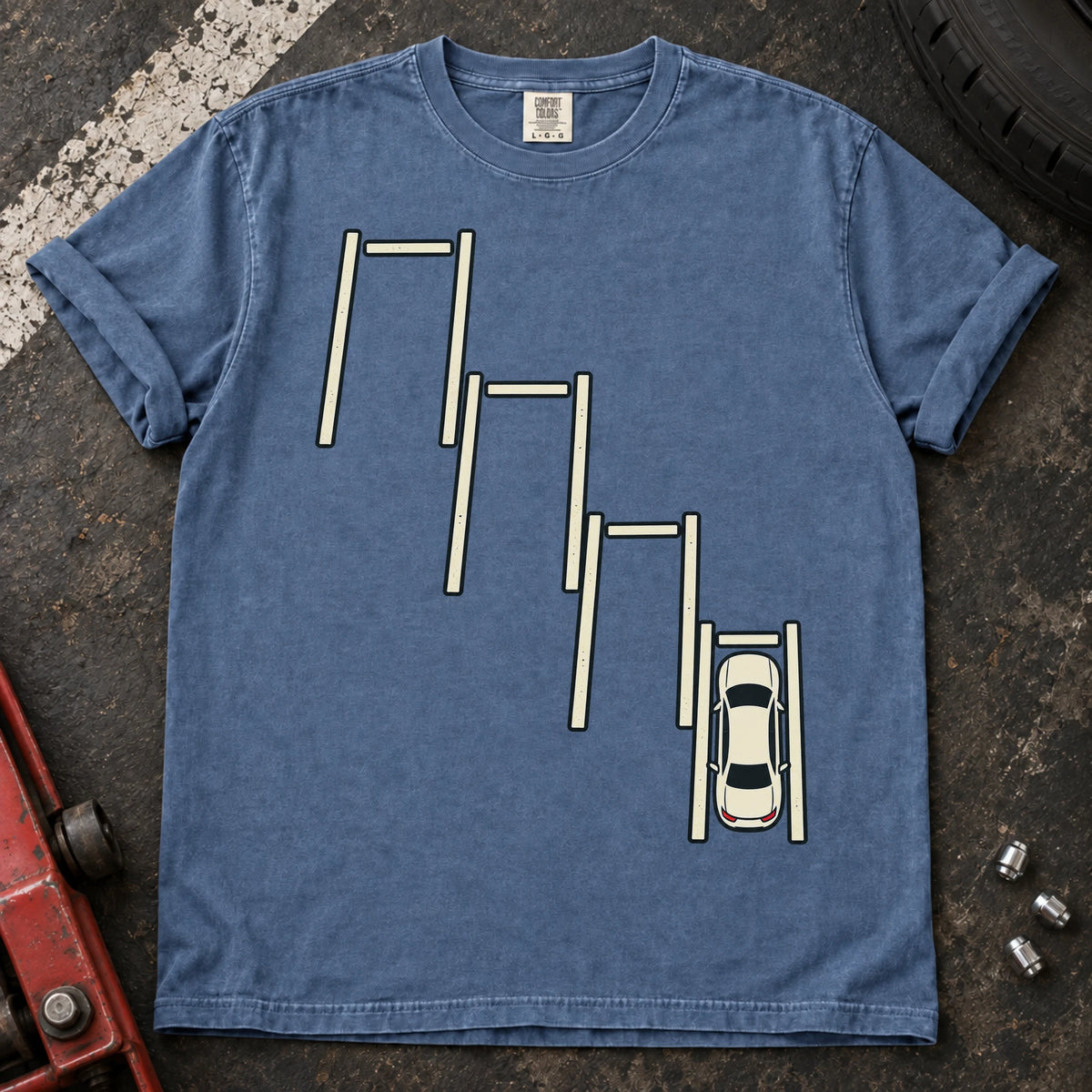 Blue Jean car enthusiast T-shirt. A top-down car sits precisely among staggered parking bays.