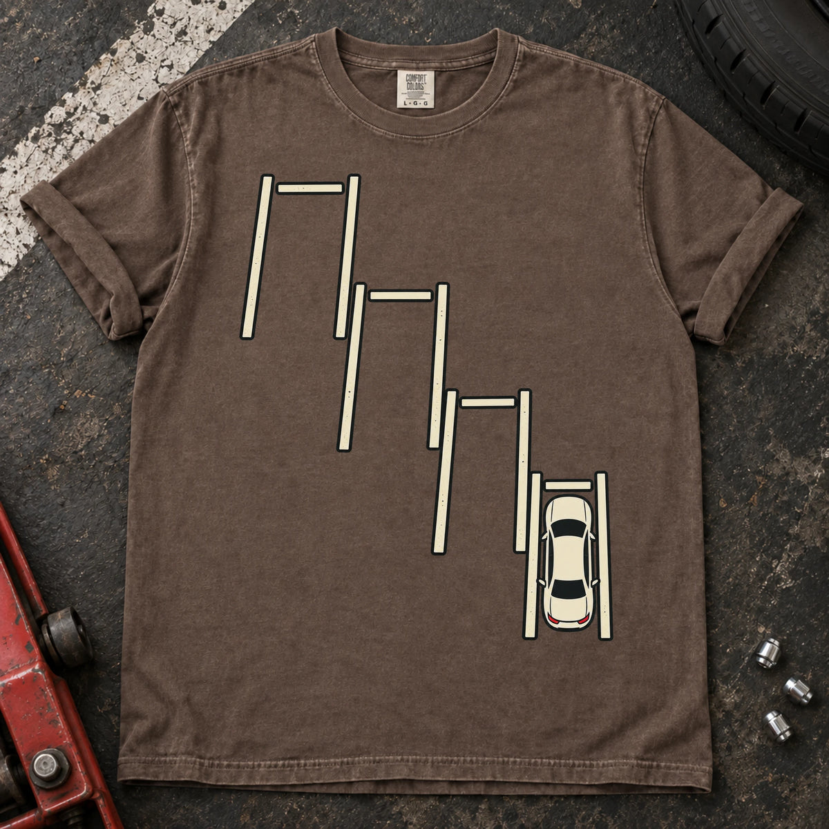 Espresso car enthusiast T-shirt. A top-down car sits precisely among staggered parking bays.