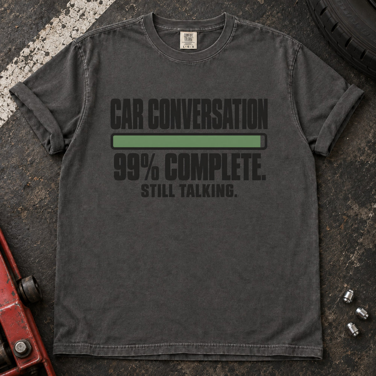 Pepper T-shirt showing a nearly full progress bar with 'Car conversation 99% complete. Still talking'.