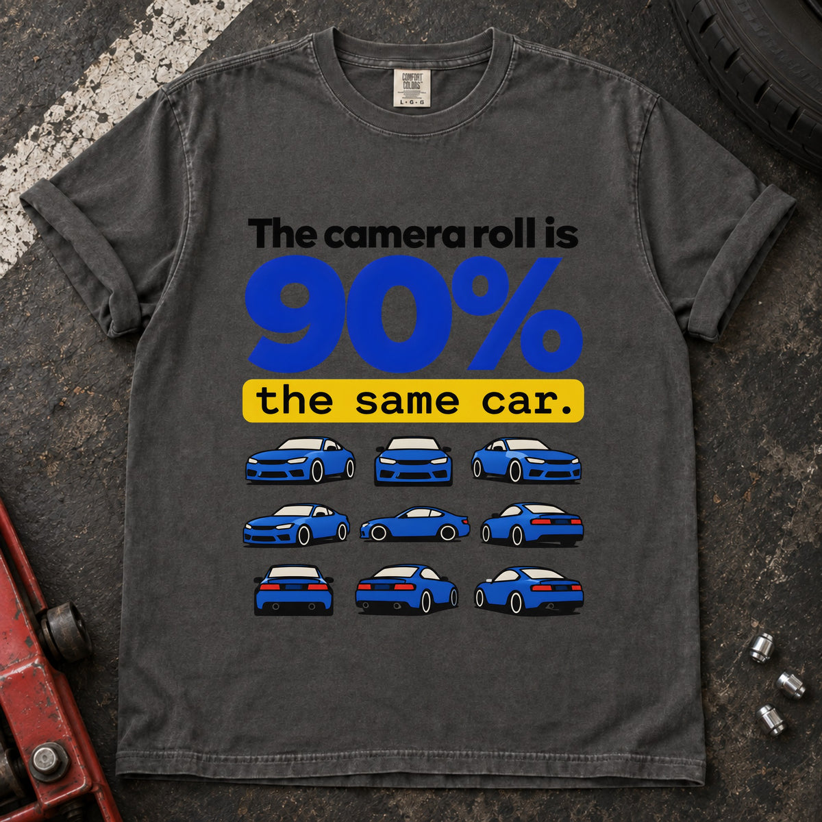 Pepper T-shirt showing a grid of small blue cars with 'The camera roll is 90% the same car'.