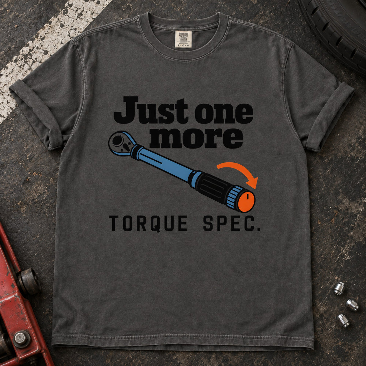 Pepper T-shirt showing a blue torque wrench and orange arrow with 'Just one more torque spec'.