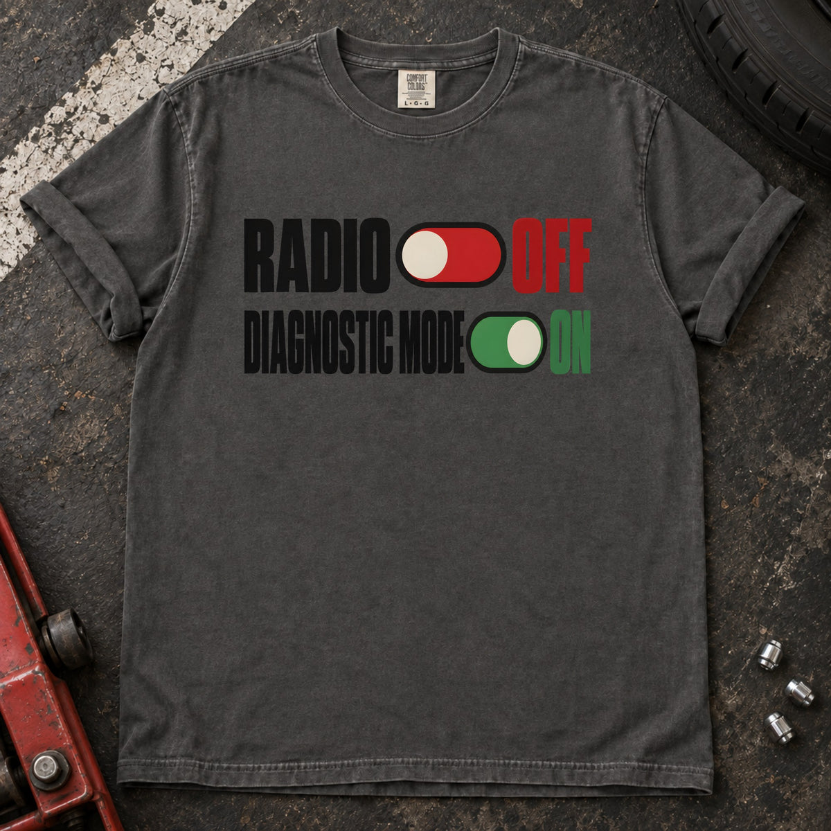 Pepper T-shirt with toggle switches labeled 'Radio off' and 'Diagnostic mode on'.
