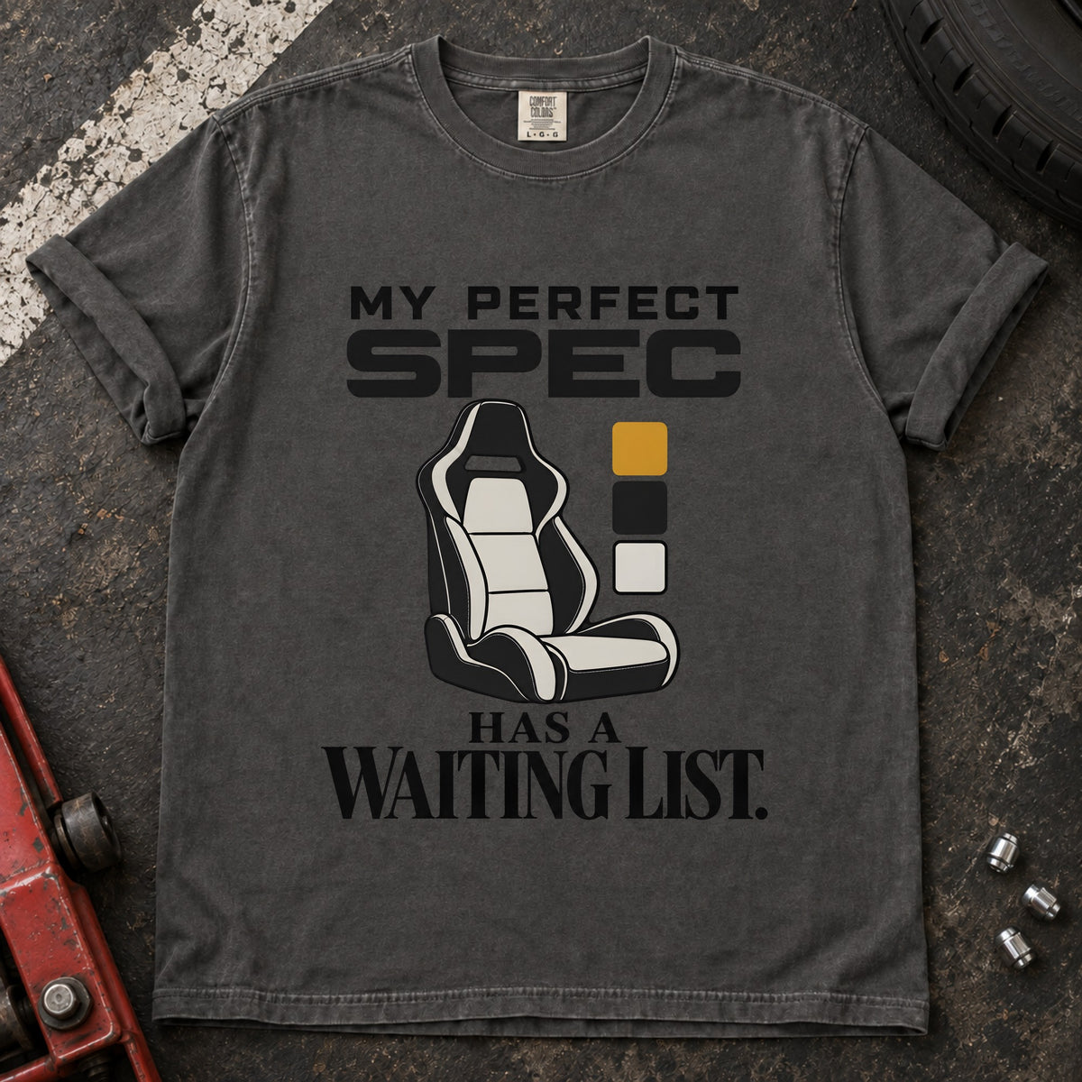 Pepper T-shirt showing a car seat and color swatches with 'My perfect spec has a waiting list'.